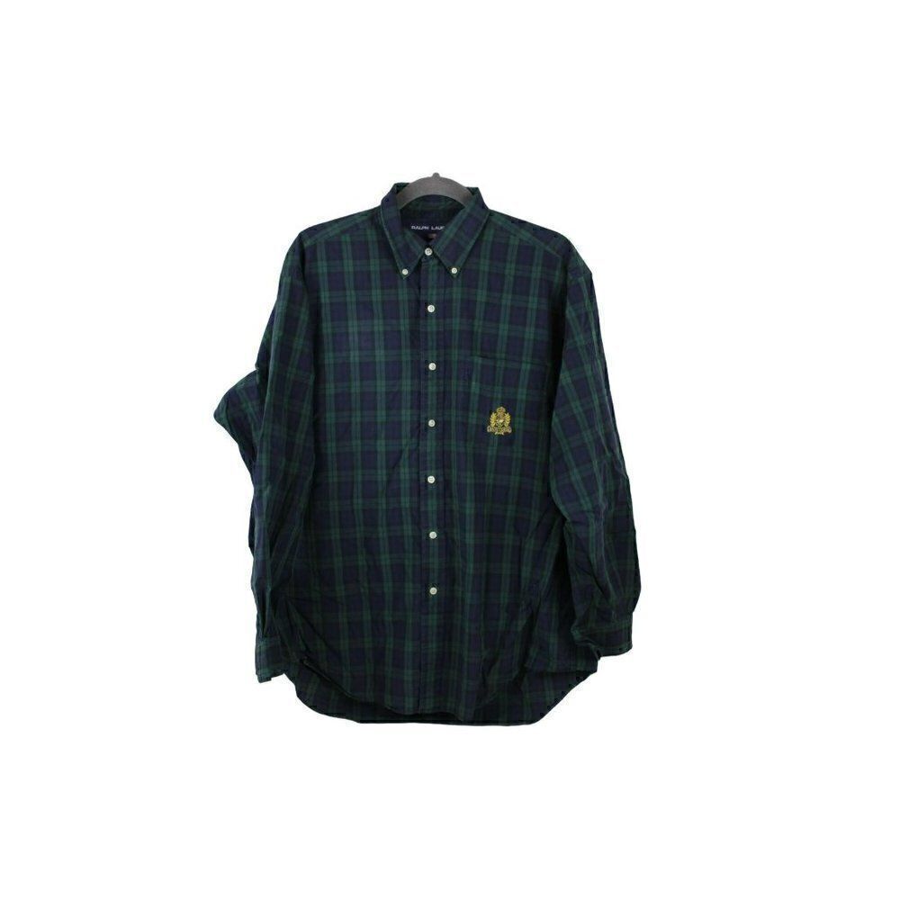 𝅺RALPH Lauren Sport Men's L Cotton Blue Green Plaid Button Shirt Crest